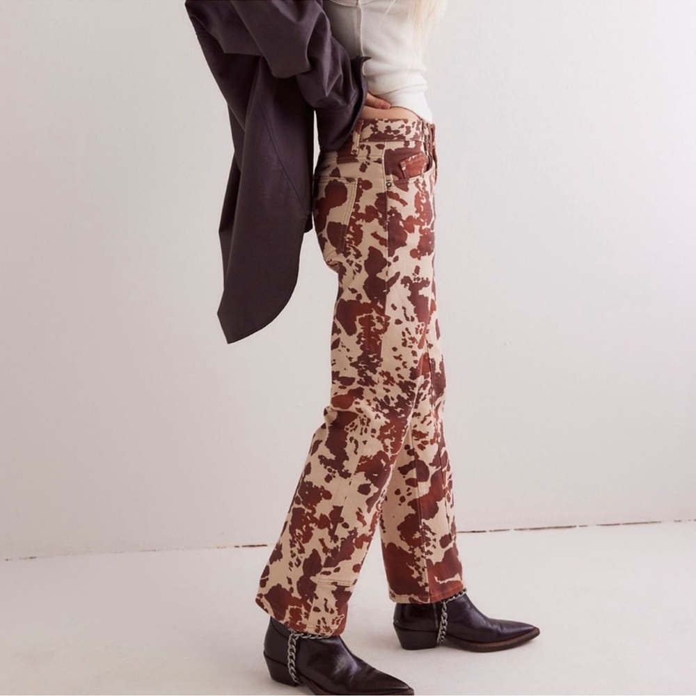 FREE PEOPLE We The Free Risk Taker High Rise Straight Leg Jeans Cow Print - Picture 4 of 11